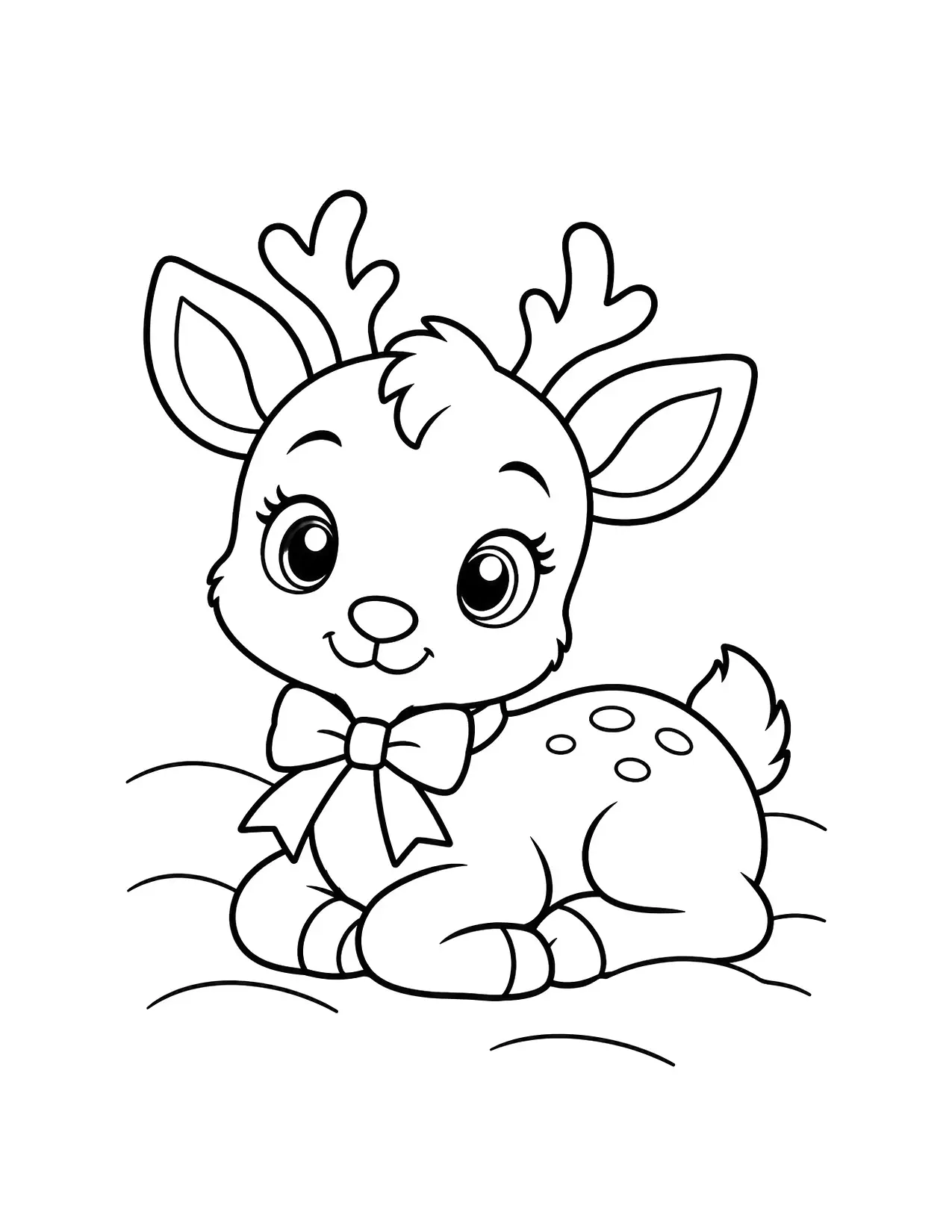 Reindeer coloring page with a cute baby reindeer lying in the snow