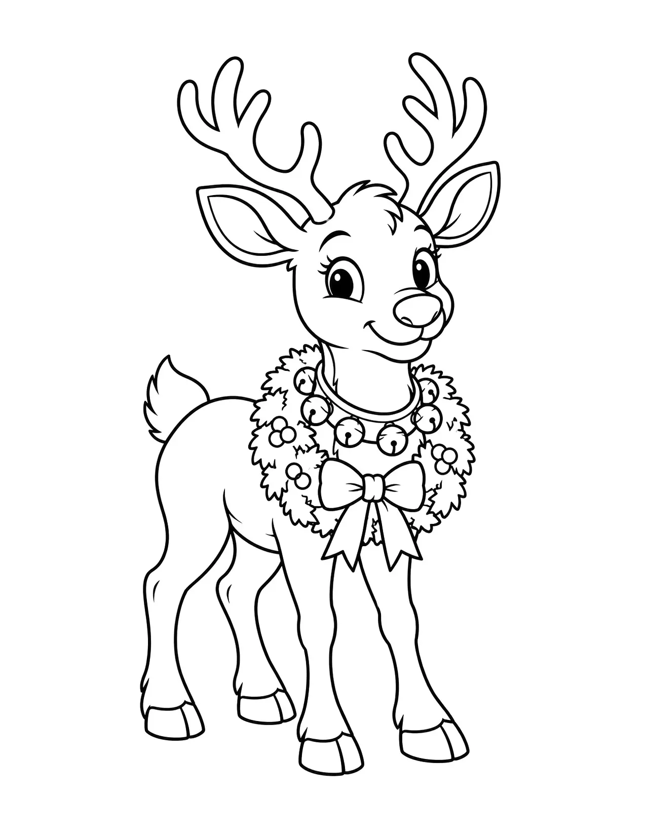 Reindeer coloring page with a reindeer wearing jingle bells and a wreath