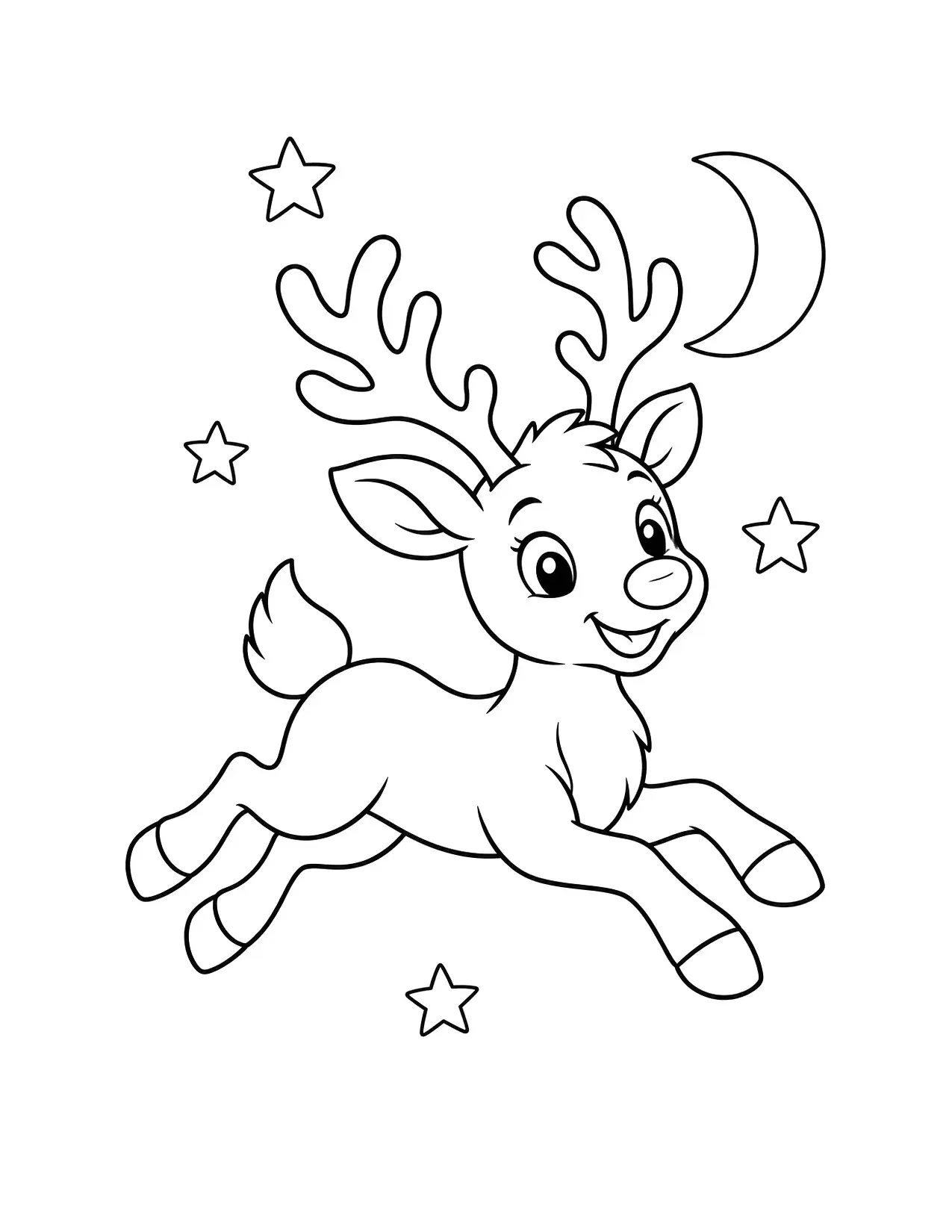 Reindeer coloring page with a happy reindeer flying past the stars and moon