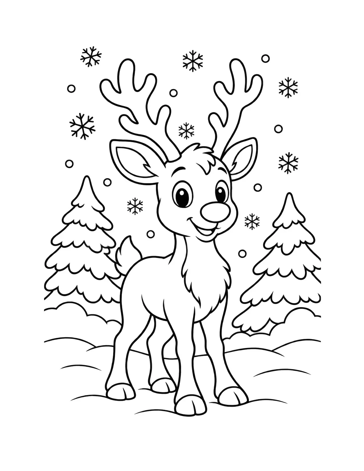 Reindeer coloring page with a reindeer between snowy pine trees