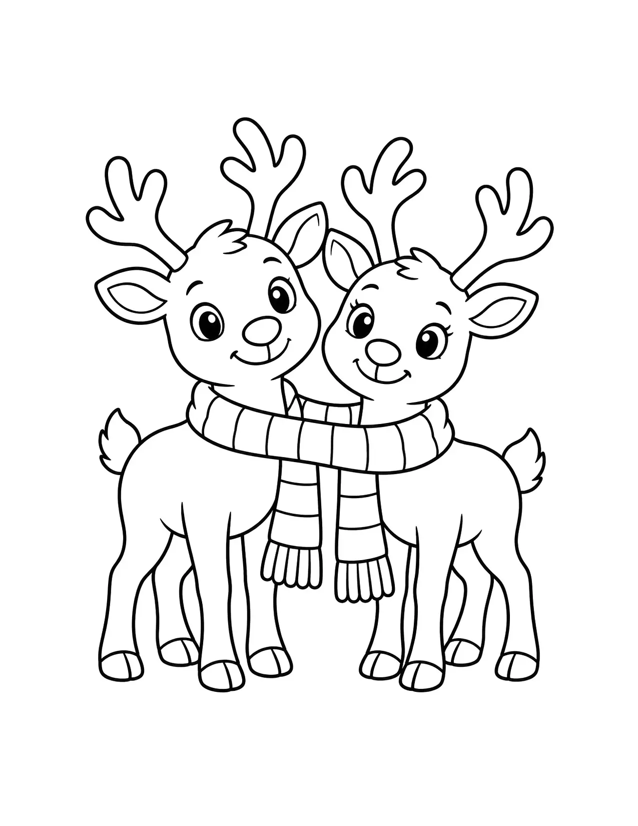 Reindeer coloring page with two reindeer friends sharing a scarf