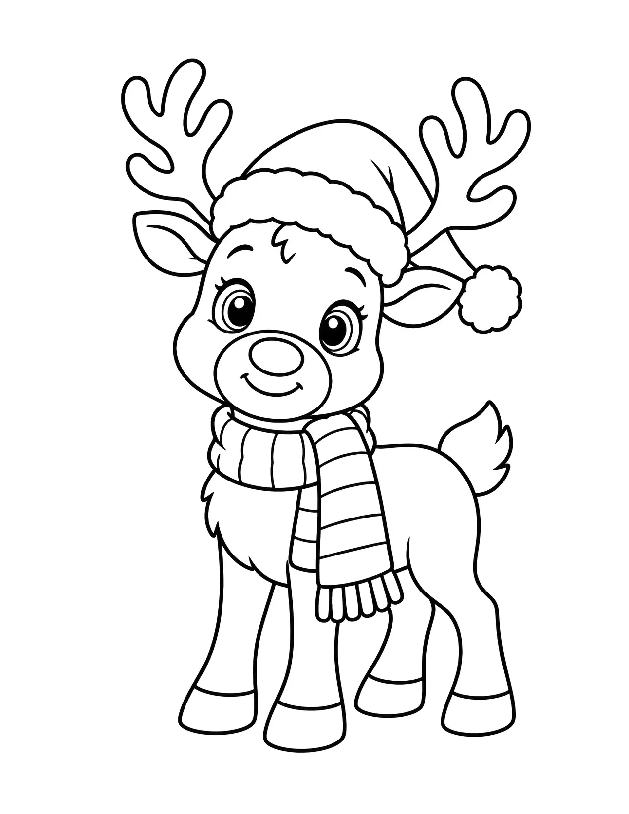 Reindeer coloring page with a cute reindeer in a Santa hat and a striped scarf