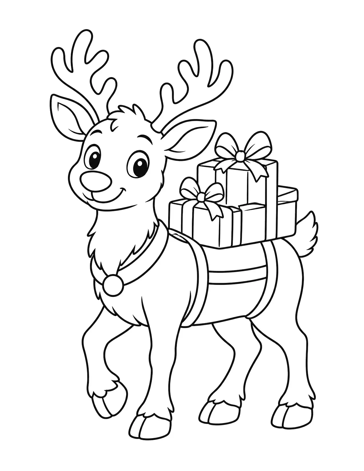 Reindeer coloring page with a reindeer carrying wrapped presents on its back