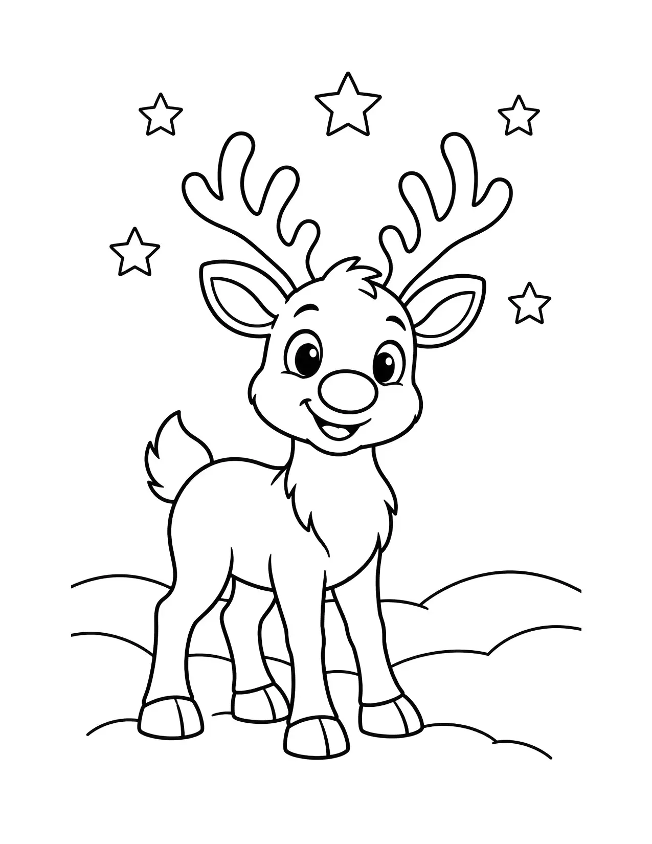Reindeer coloring page with a cute reindeer standing in the snow under the stars