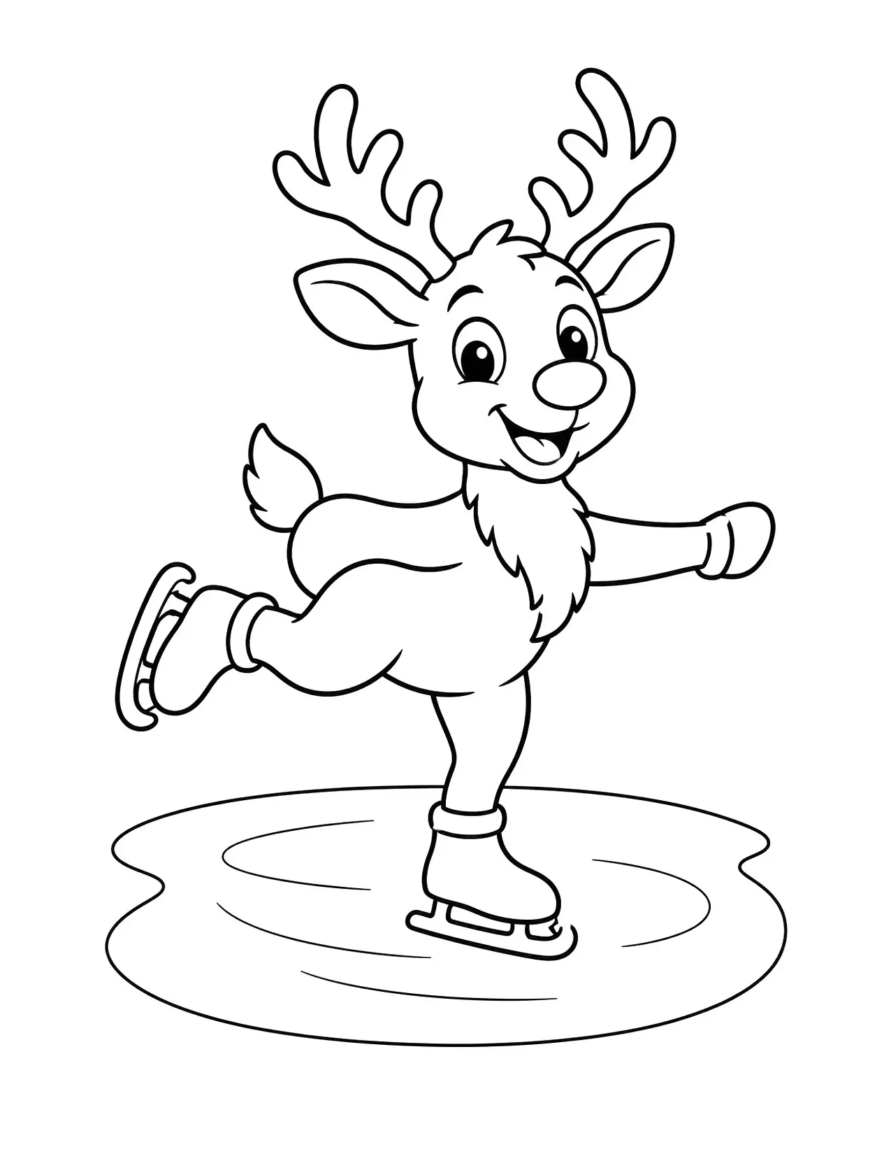 Reindeer coloring page with a smiling reindeer ice skating on a frozen pond