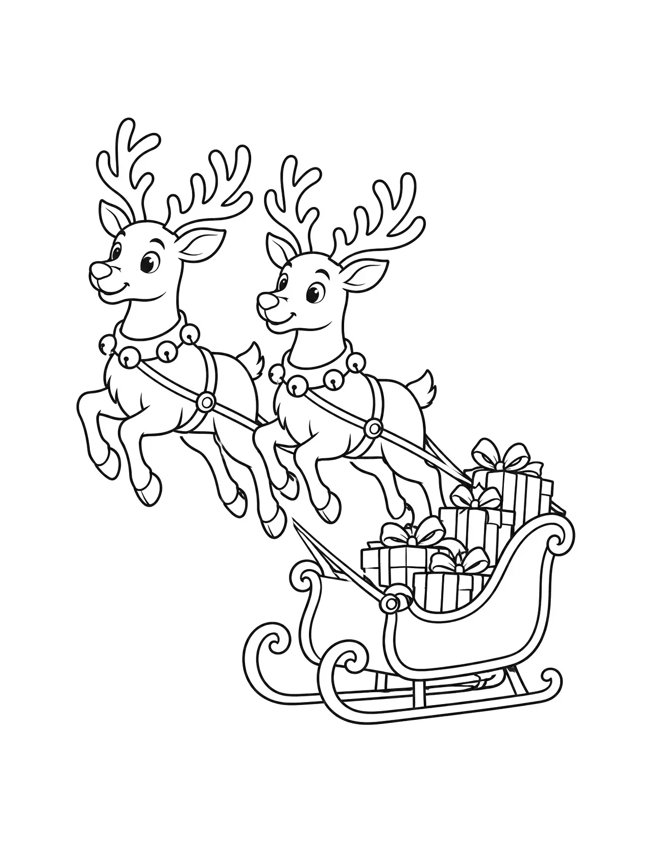 Reindeer coloring page with two reindeer pulling Santa's sleigh full of presents
