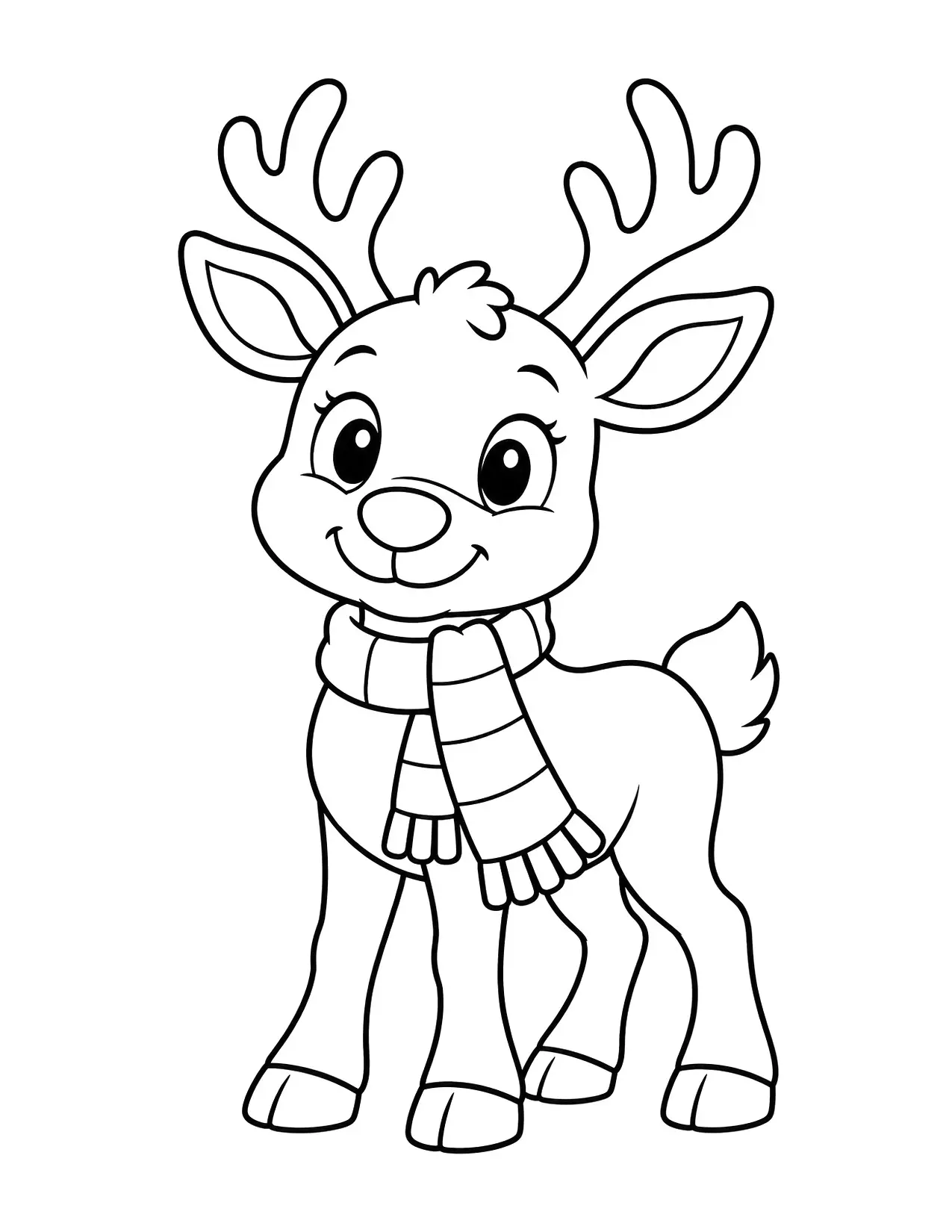 Reindeer coloring page with a cute reindeer in a scarf