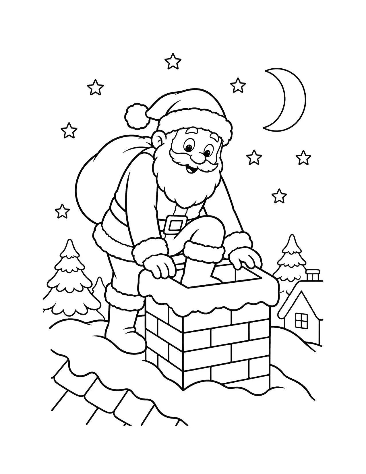 Santa coloring page with Santa climbing down a chimney on a snowy roof