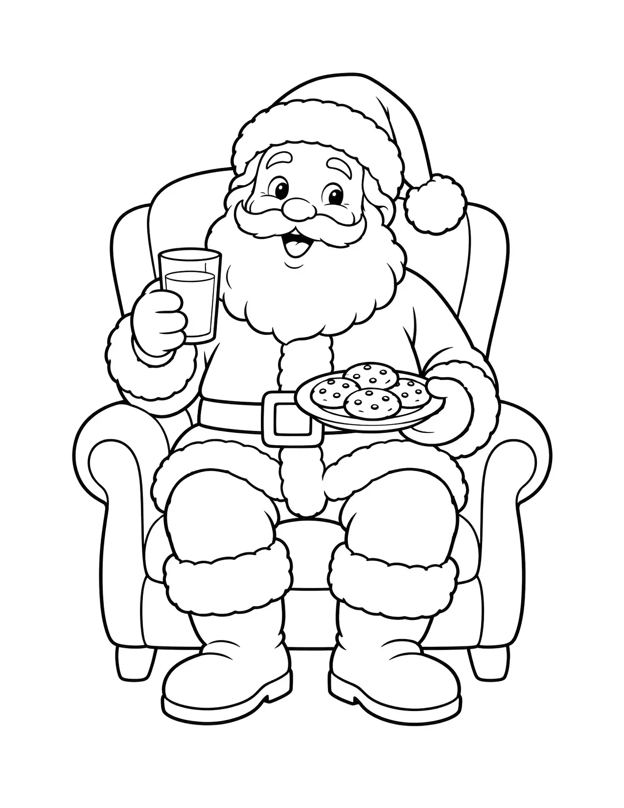 Santa coloring page with Santa in an armchair with milk and cookies