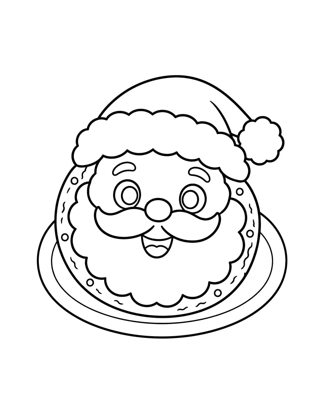 Santa Claus face coloring page: A round cookie shaped like Santa's face sits on a plate, with dots of icing around the edge