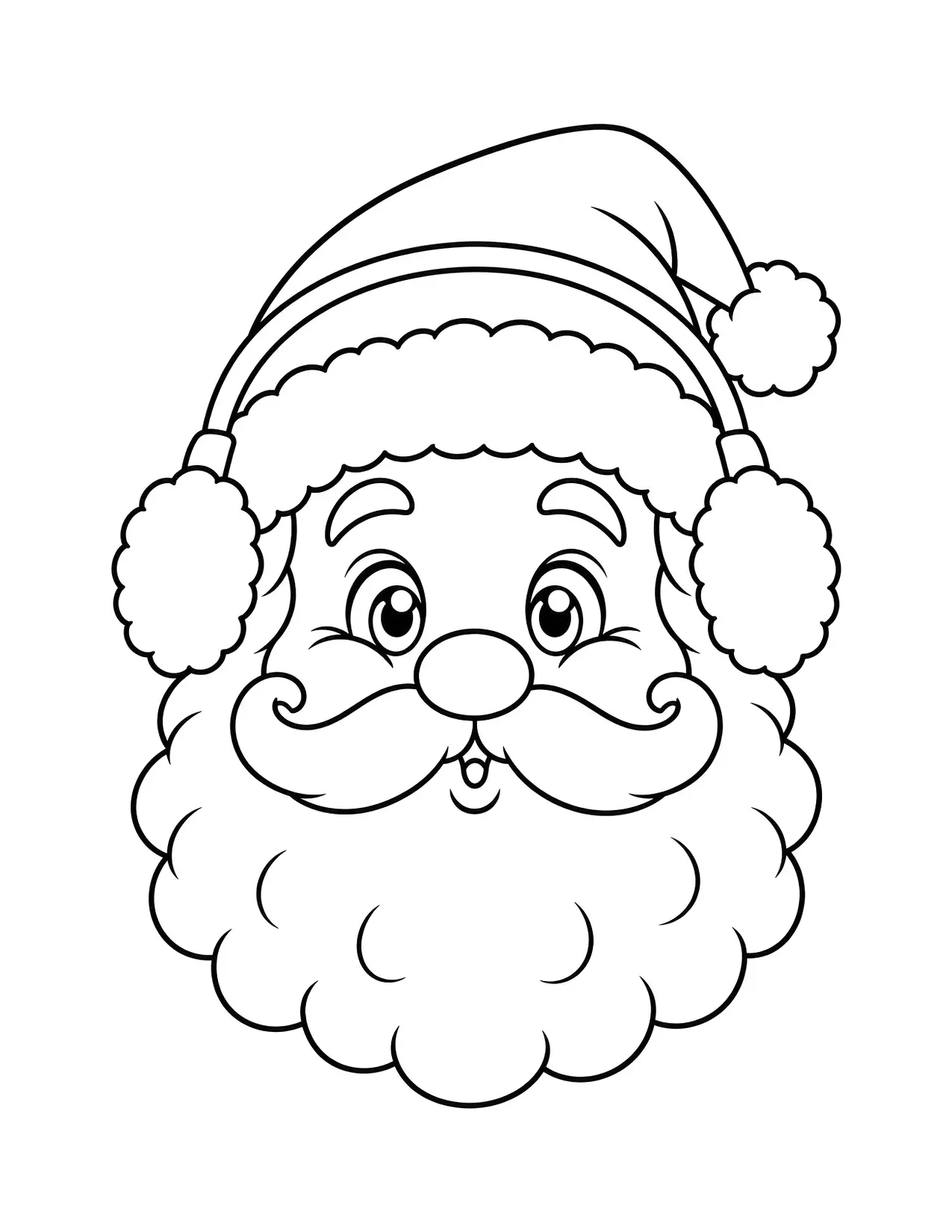 Santa Claus face coloring page: Santa whistles, with fluffy earmuffs pulled over his Santa hat