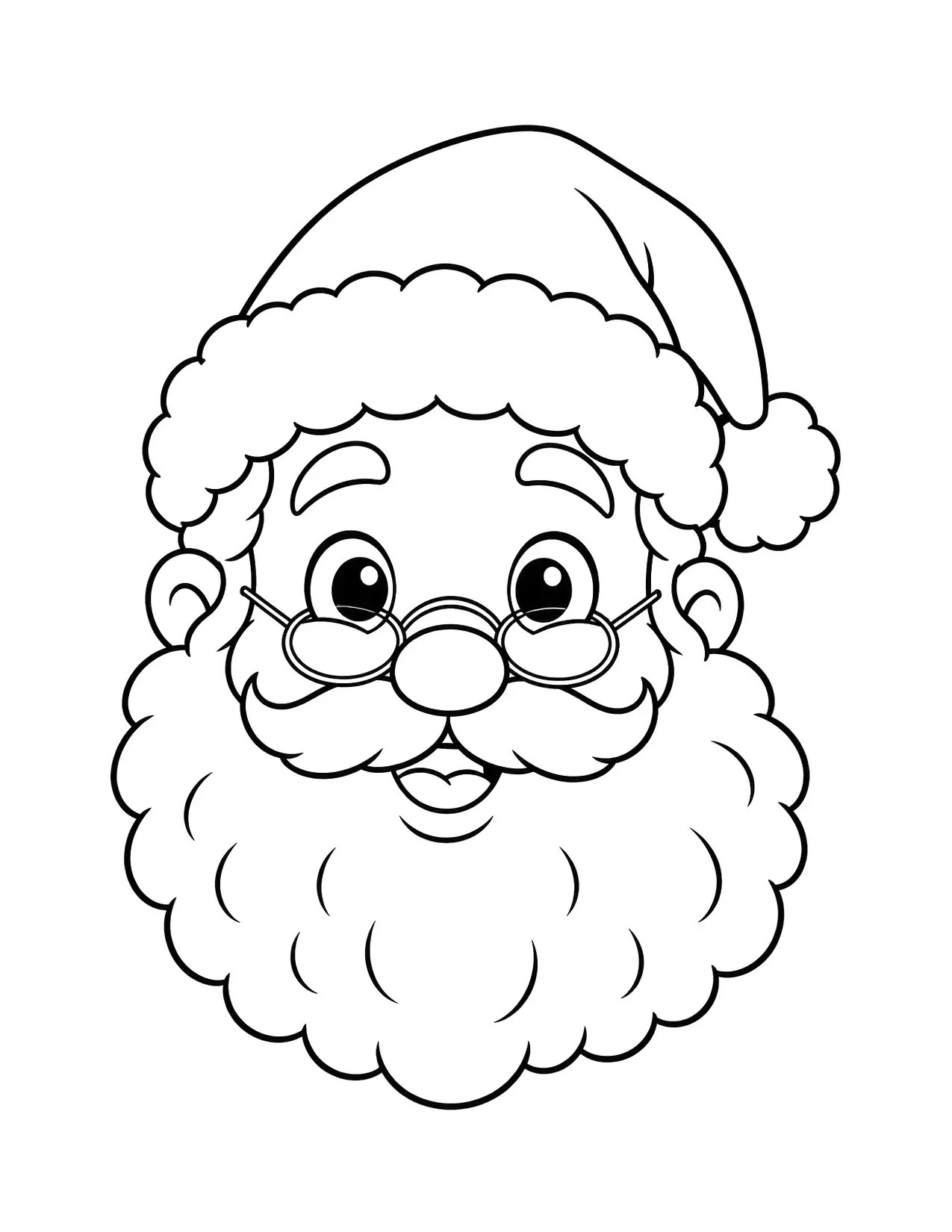 Santa Claus face coloring page: Santa smiles kindly through small round glasses