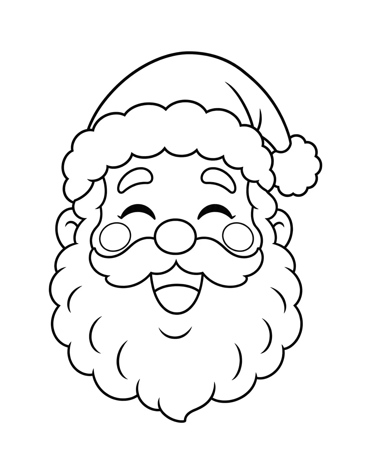 Santa Claus face coloring page: Santa laughs with his eyes closed and round rosy cheeks