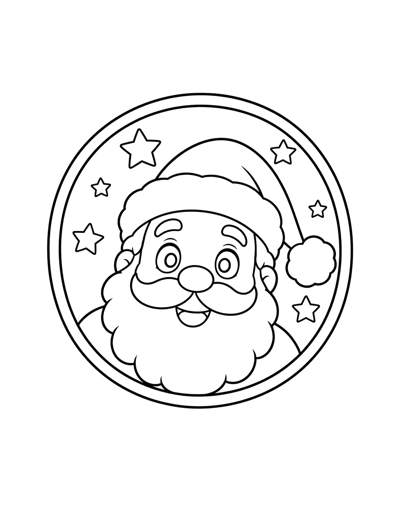 Santa Claus face coloring page: Santa smiles out of a round window, with stars in the sky around him
