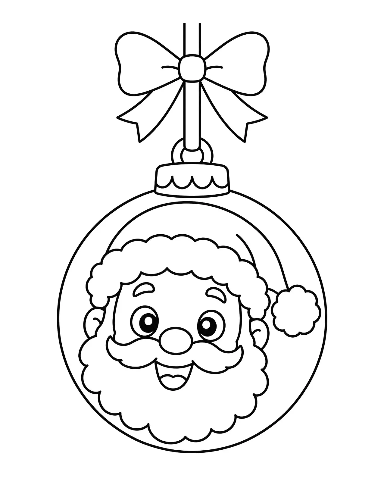 Santa Claus face coloring page: Santa's smiling face fills a round ornament that hangs from a ribbon bow