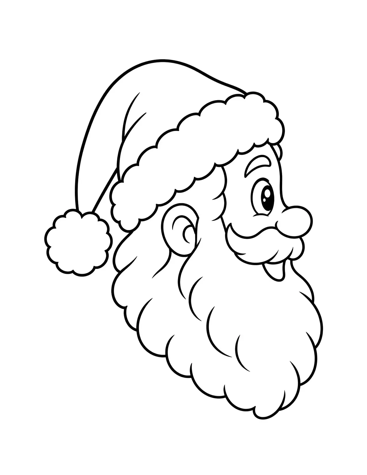 Santa Claus face coloring page: Santa looks to the right in profile, his long beard flowing and his pom-pom behind