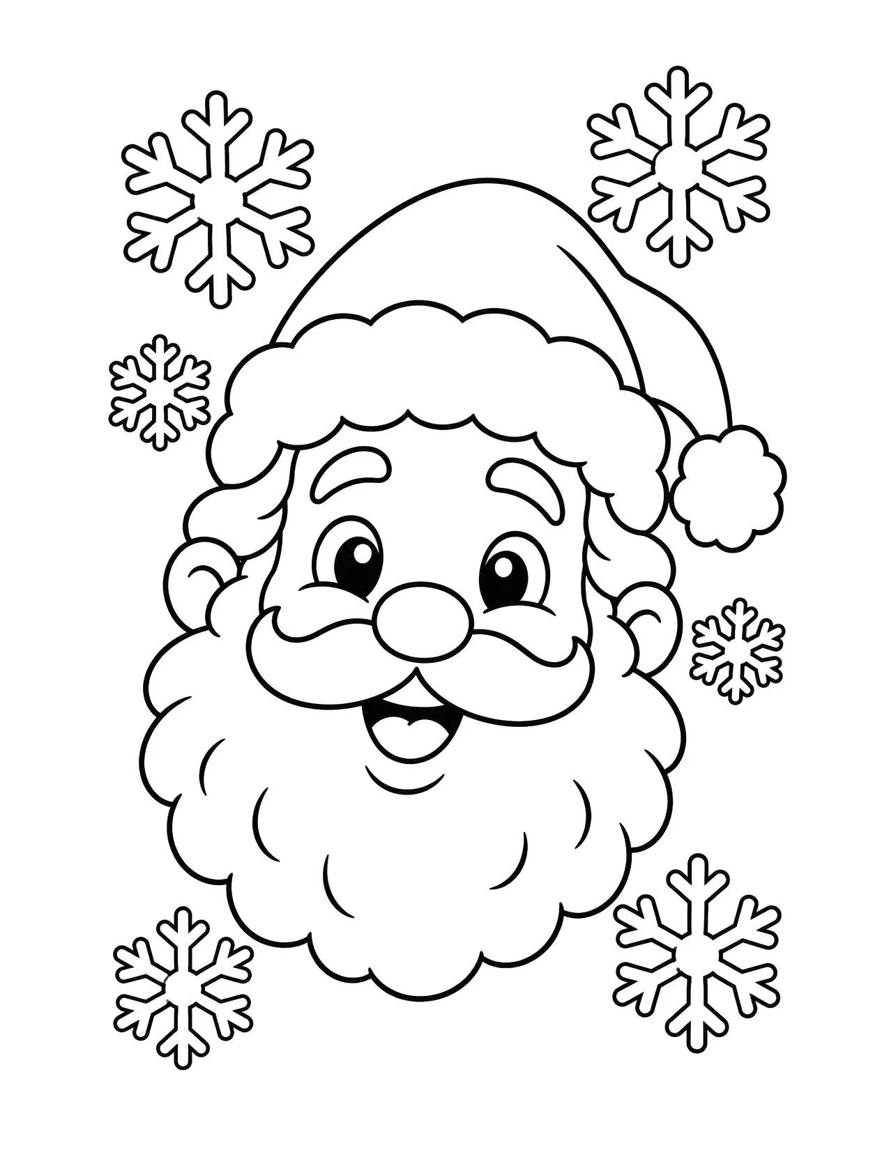 Santa Claus face coloring page: Big snowflakes float all around a smiling Santa face