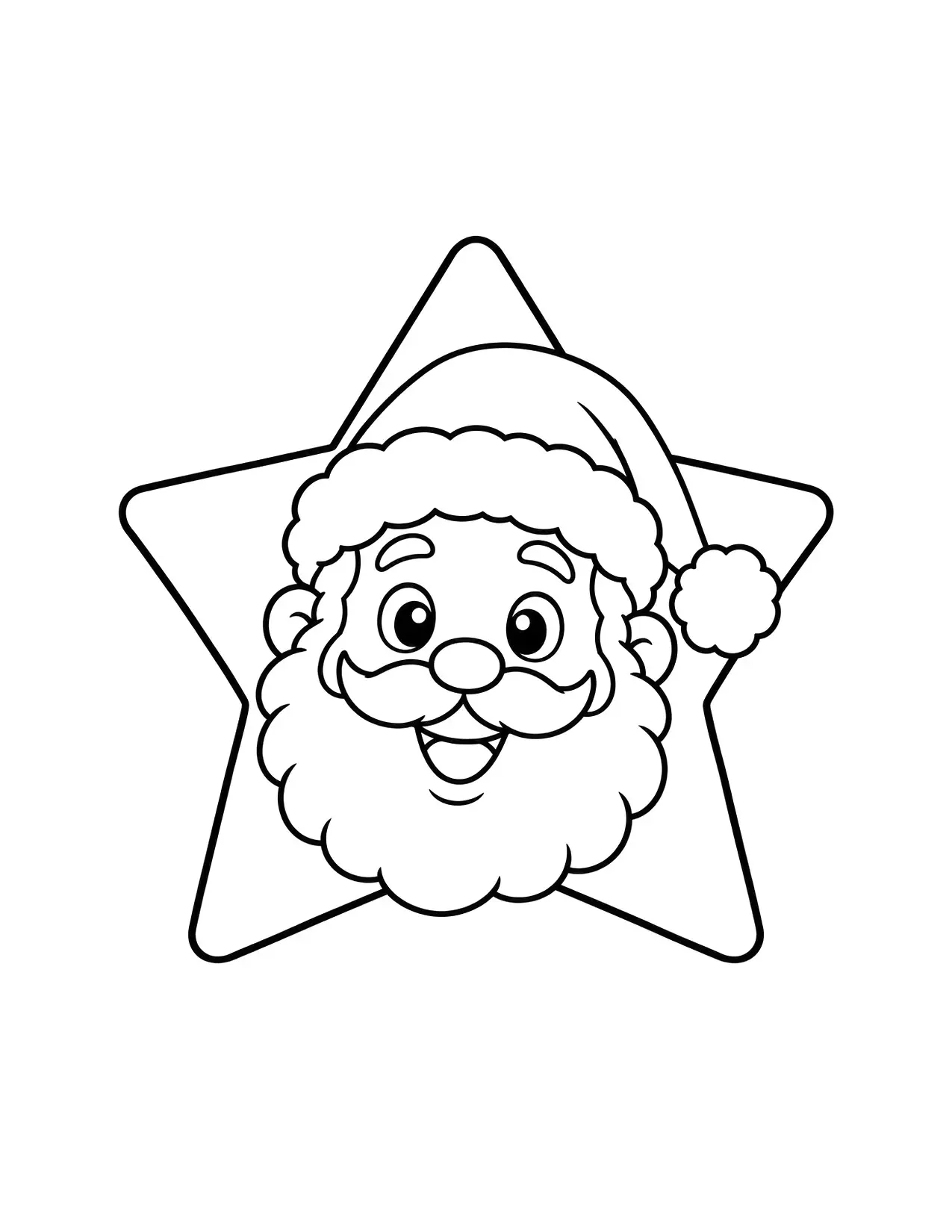 Santa Claus face coloring page: A smiling Santa face fills a big five-pointed star