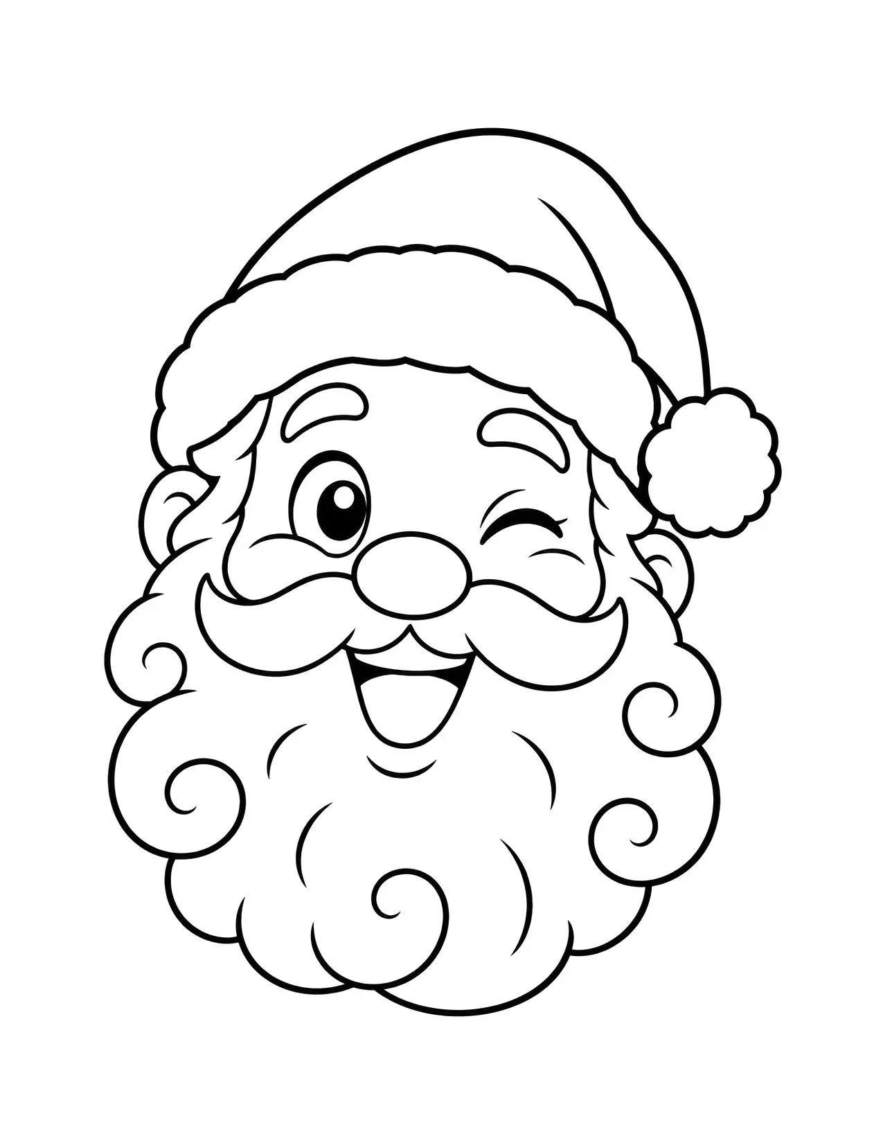 Santa Claus face coloring page: Santa winks and grins, with curls all through his beard