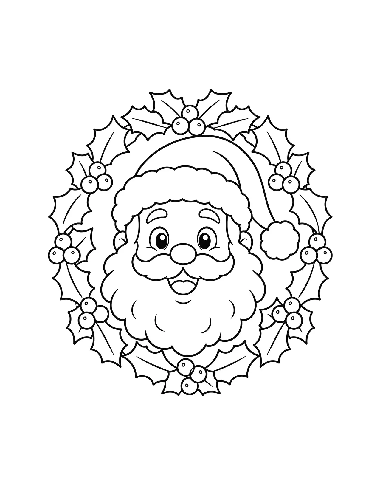 Santa Claus face coloring page: Santa's face peeks out from the middle of a holly wreath full of berries
