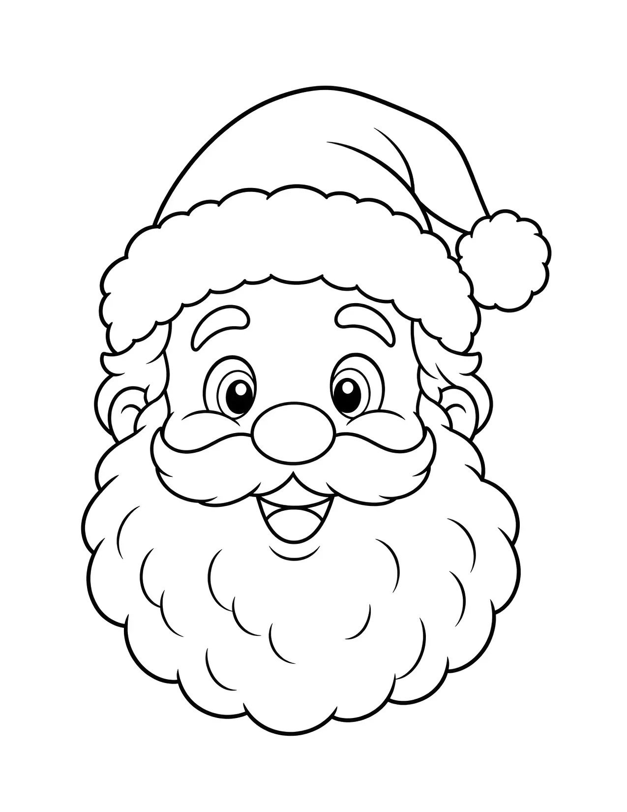 Santa Claus face coloring page with a jolly smiling Santa with a big fluffy beard and a Santa hat