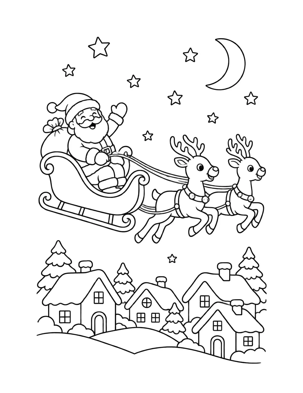 Santa coloring page with Santa's sleigh and reindeer flying over snowy rooftops