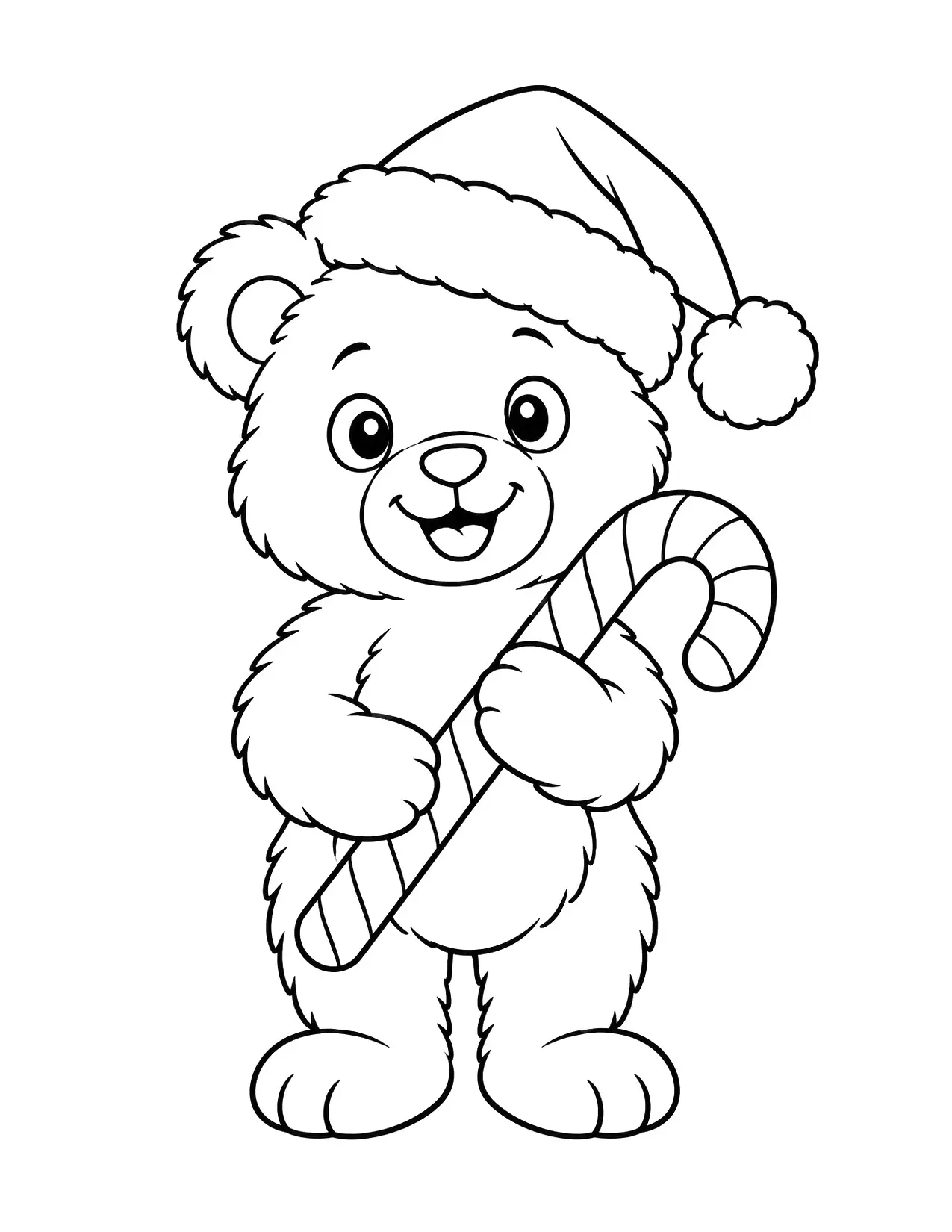 Santa Claus hat coloring page: A fluffy teddy bear in a Santa hat hugs a striped candy cane