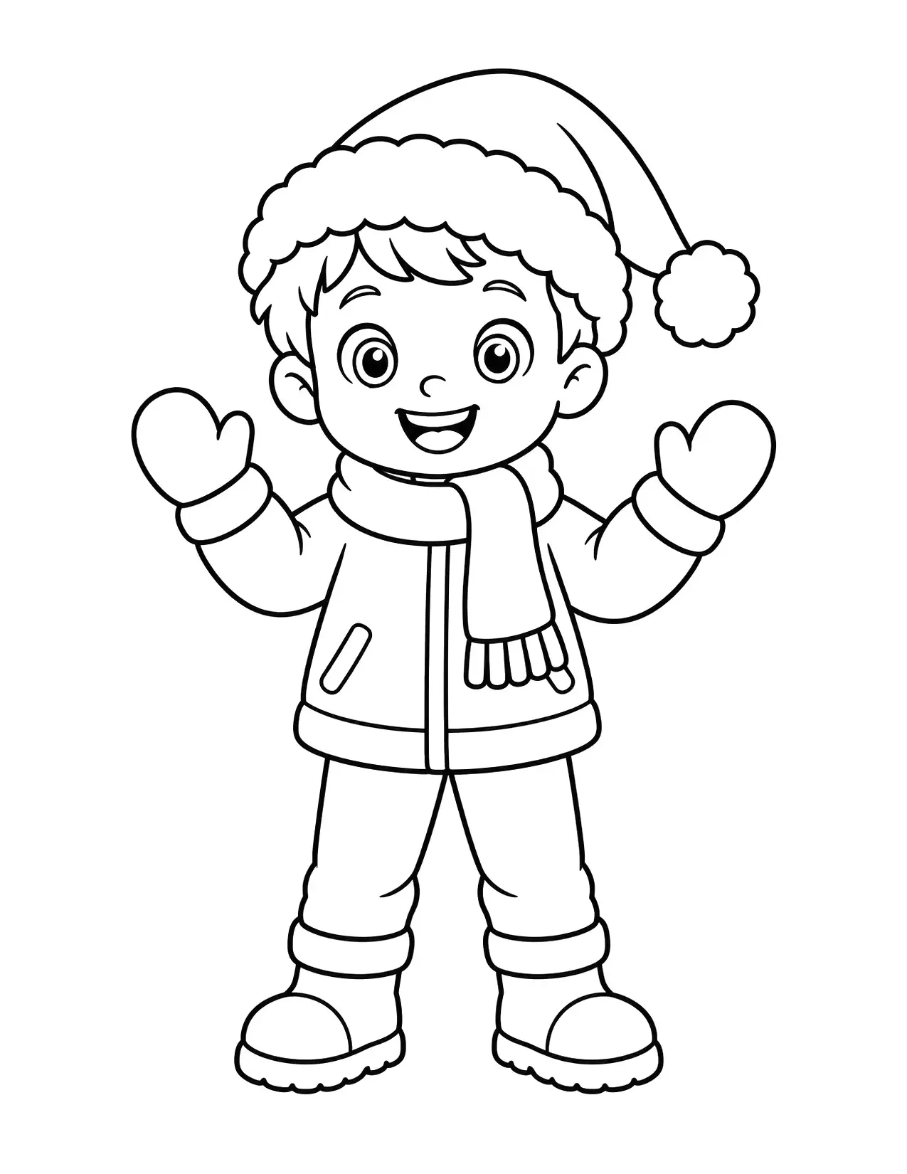 Santa Claus hat coloring page: A boy in a Santa hat, scarf, mittens and boots throws his arms up