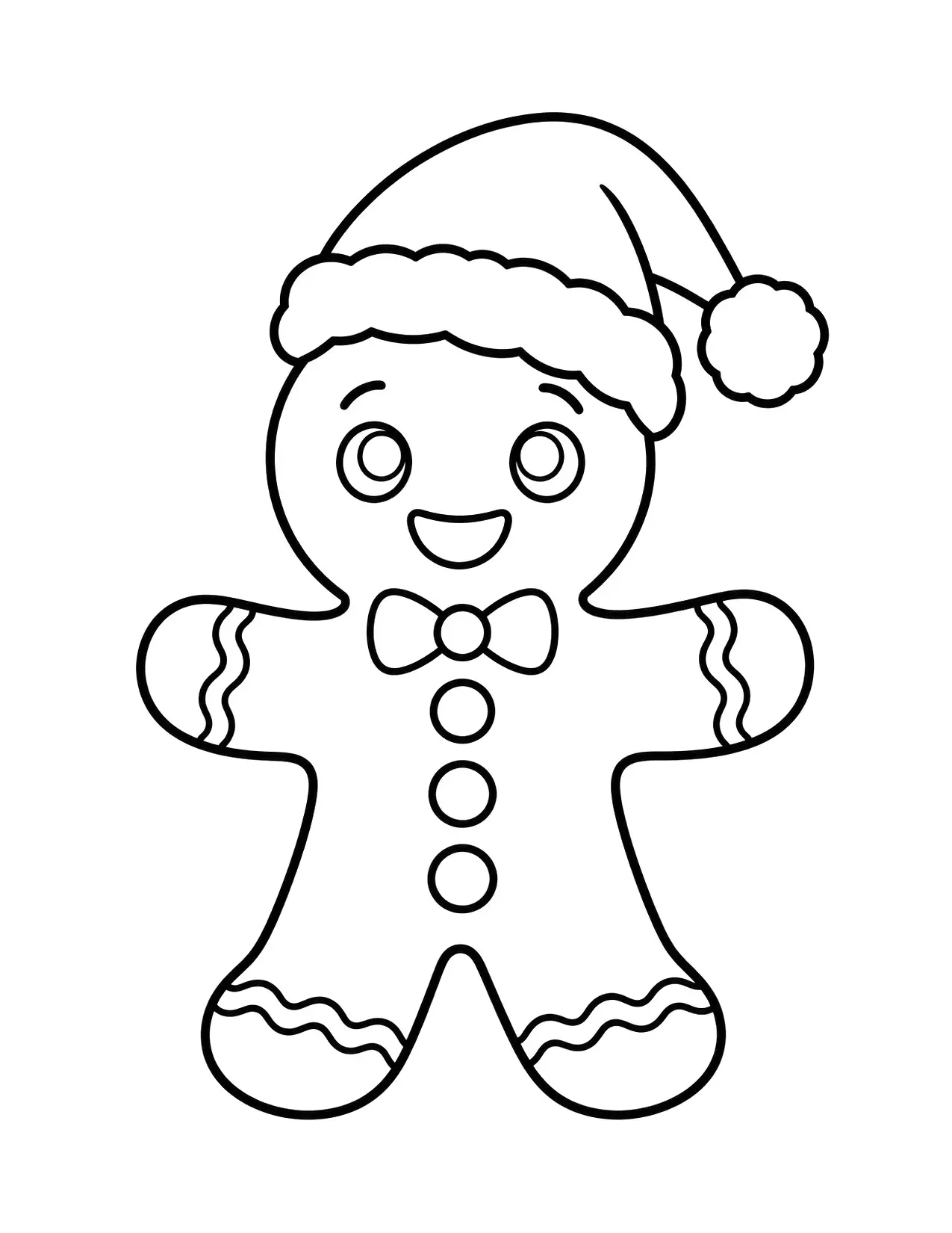 Santa Claus hat coloring page: A gingerbread man in a bow tie wears a Santa hat
