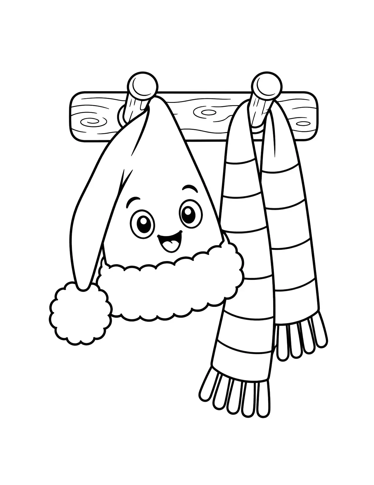 Santa Claus hat coloring page: A smiling Santa hat and a striped scarf hang from a wooden coat hook