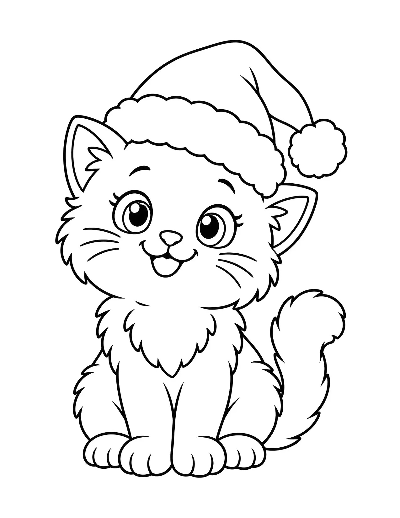 Santa Claus hat coloring page: A fluffy kitten sits and smiles in a Santa hat