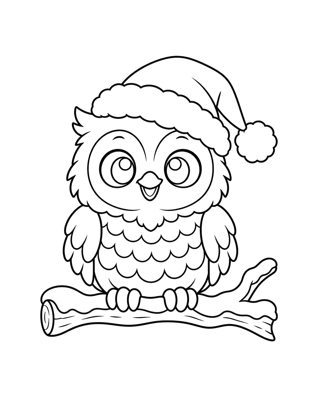 Santa Claus hat coloring page: An owl in a Santa hat, with rows of feathers, sits on a branch