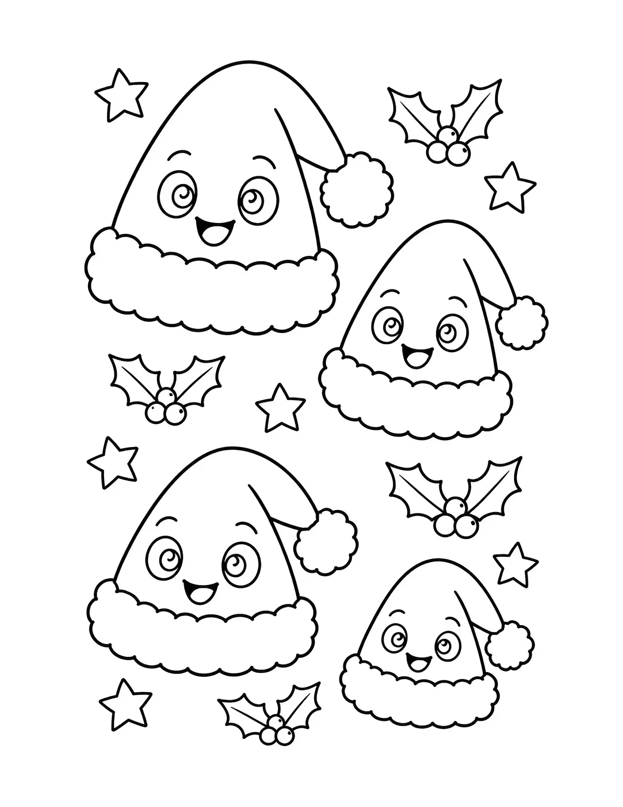 Santa Claus hat coloring page: Four smiling Santa hats of different sizes sit among holly leaves and stars