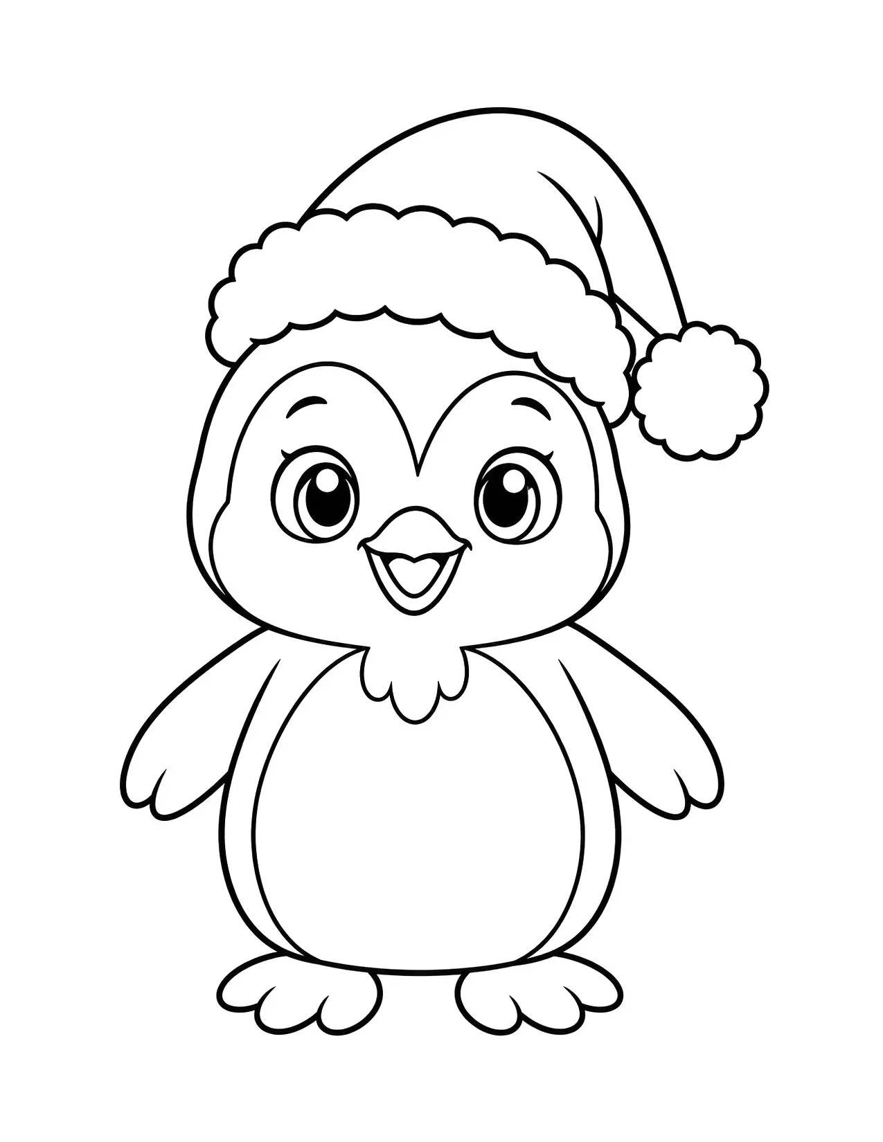 Santa Claus hat coloring page: A round little penguin spreads its wings in a Santa hat