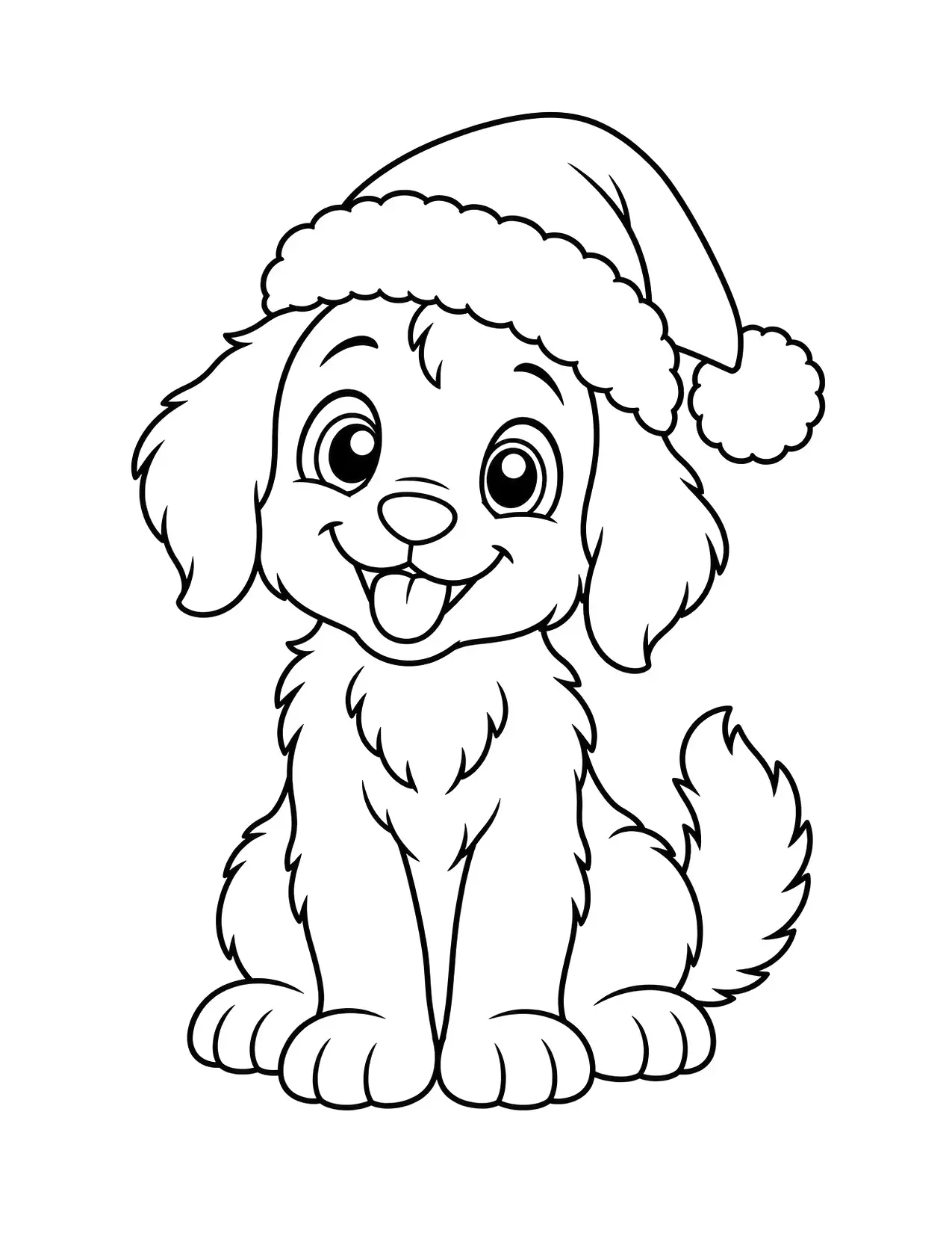 Santa Claus hat coloring page: A floppy-eared puppy sticks out its tongue under a Santa hat