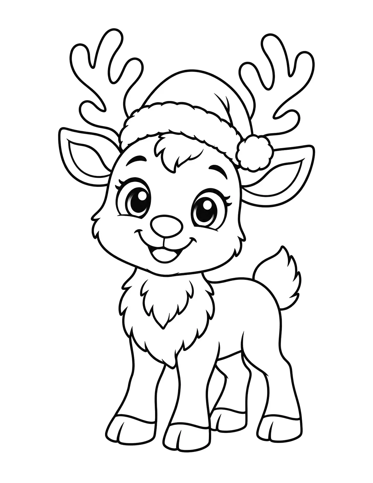 Santa Claus hat coloring page: A baby reindeer wears a Santa hat between its antlers