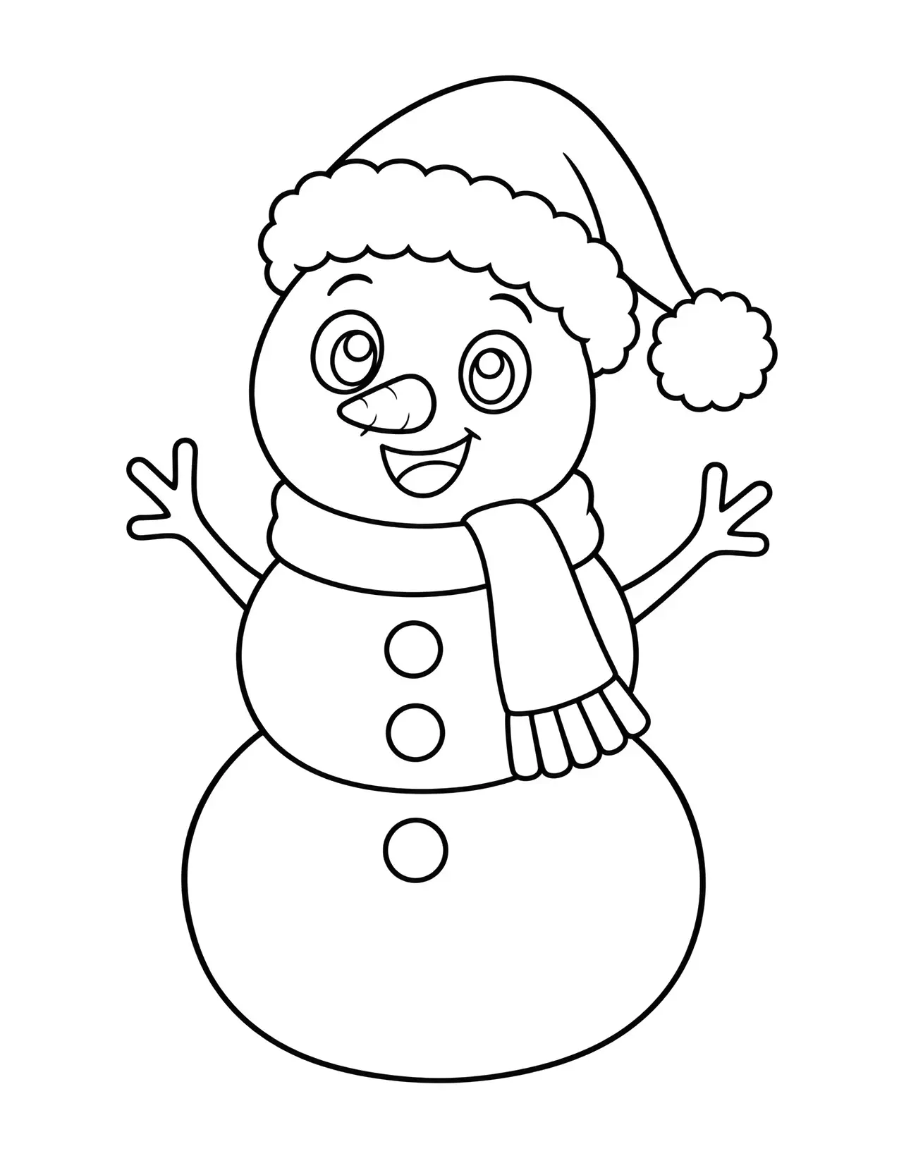 Santa Claus hat coloring page: A snowman in a Santa hat and scarf waves his stick arms