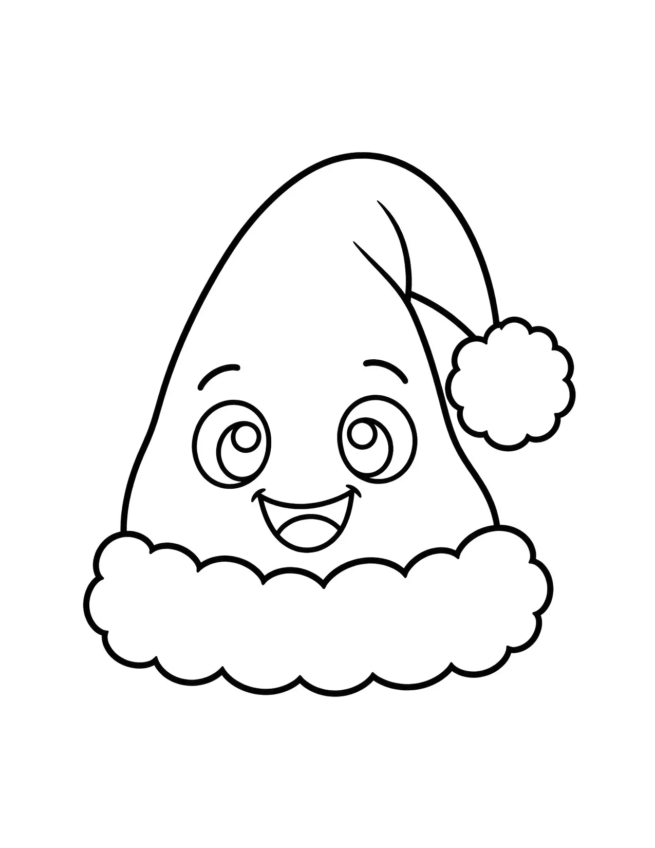 Santa Claus hat coloring page with a smiling Santa hat with a fluffy trim and a pom-pom