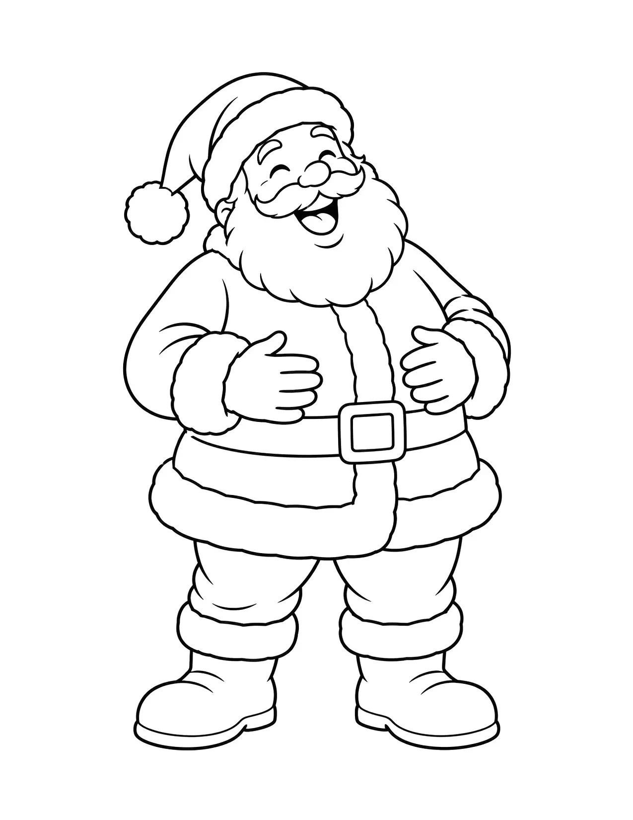Santa coloring page with a jolly Santa Claus laughing with his hands on his belly