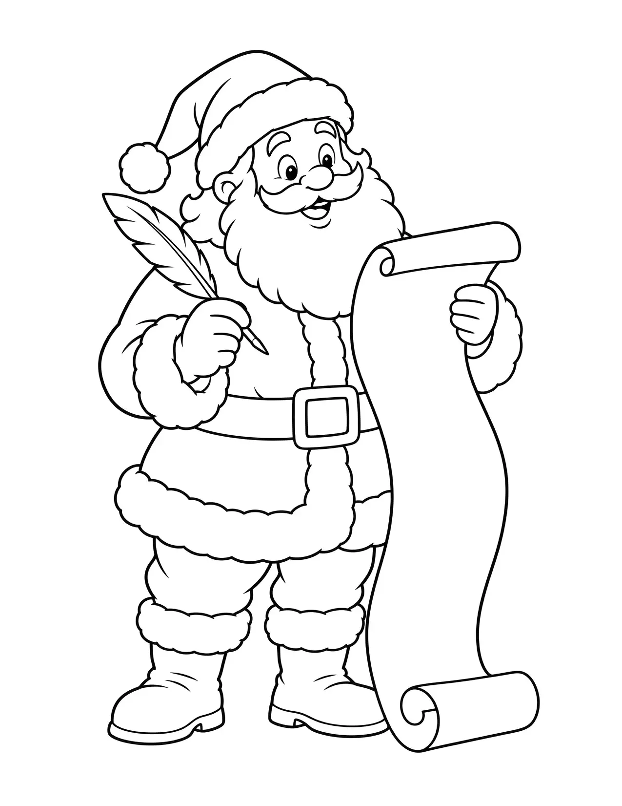 Santa coloring page with Santa reading a long list with a feather pen