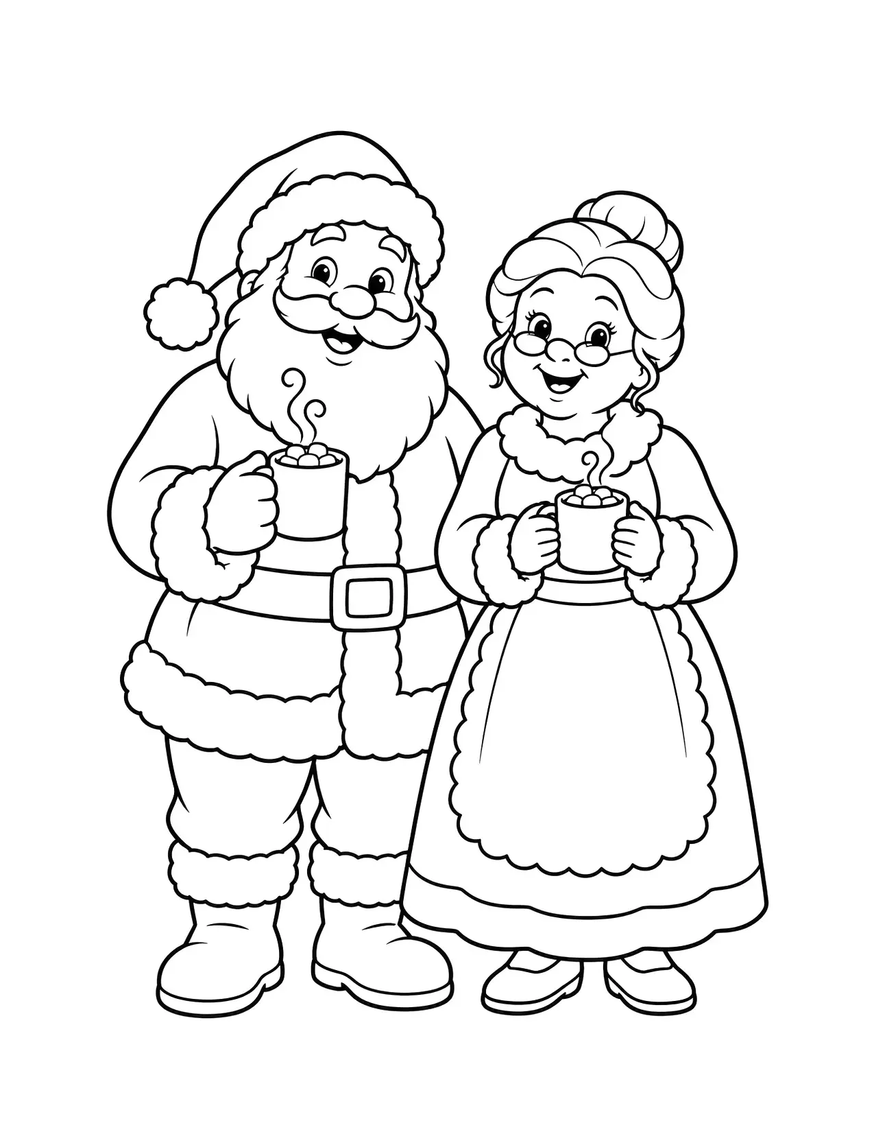 Santa coloring page with Santa and Mrs. Claus holding mugs of hot cocoa