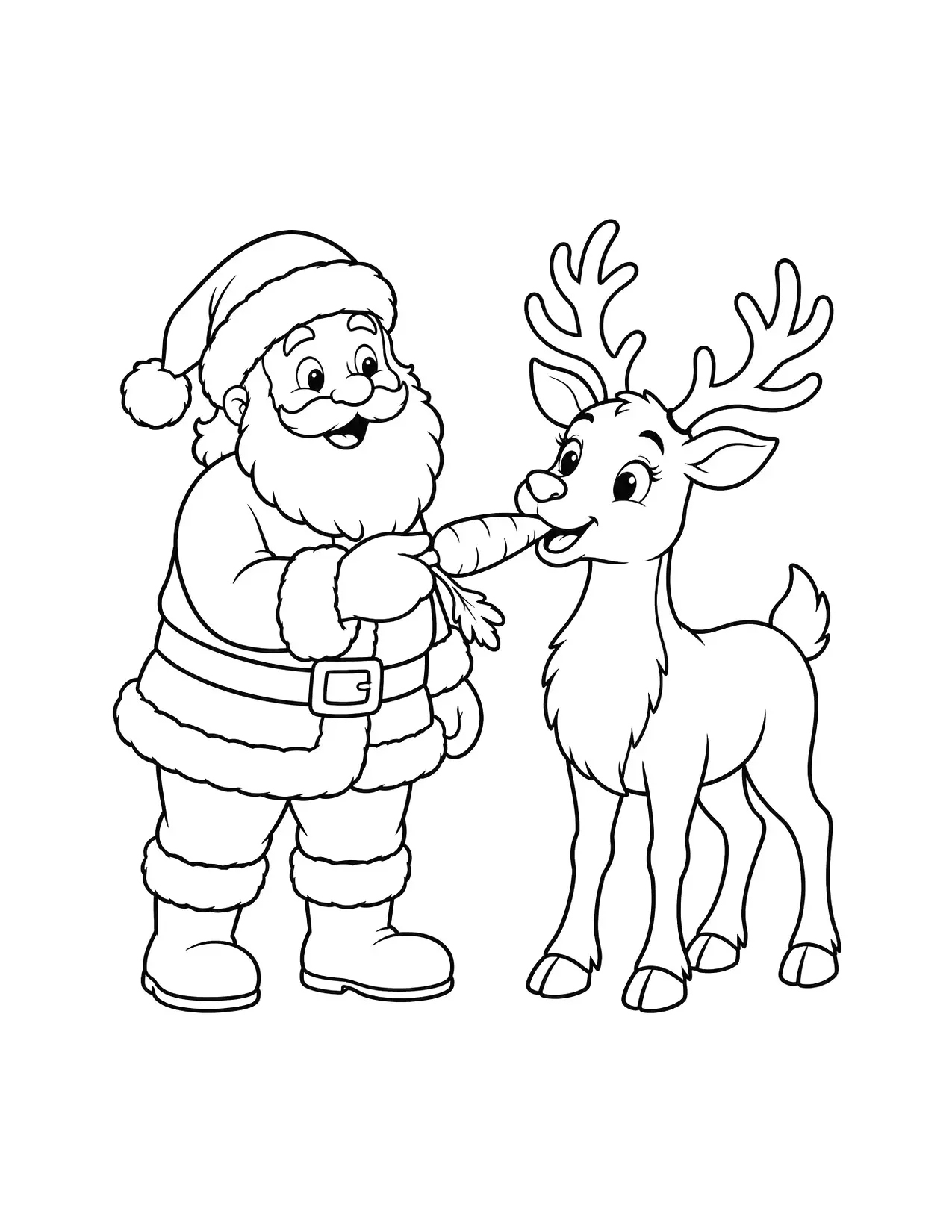 Santa coloring page with Santa feeding a carrot to a smiling reindeer