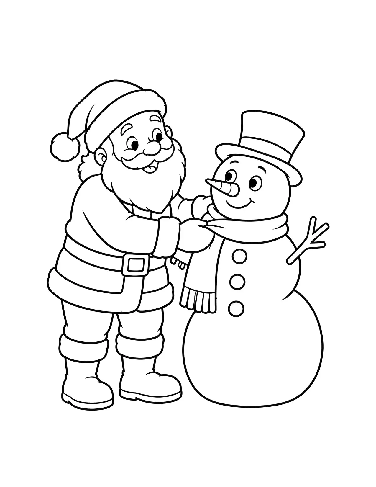 Santa coloring page with Santa building a snowman and giving it his scarf