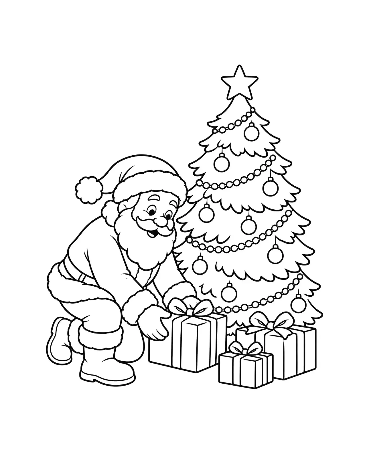 Santa coloring page with Santa putting presents under a Christmas tree