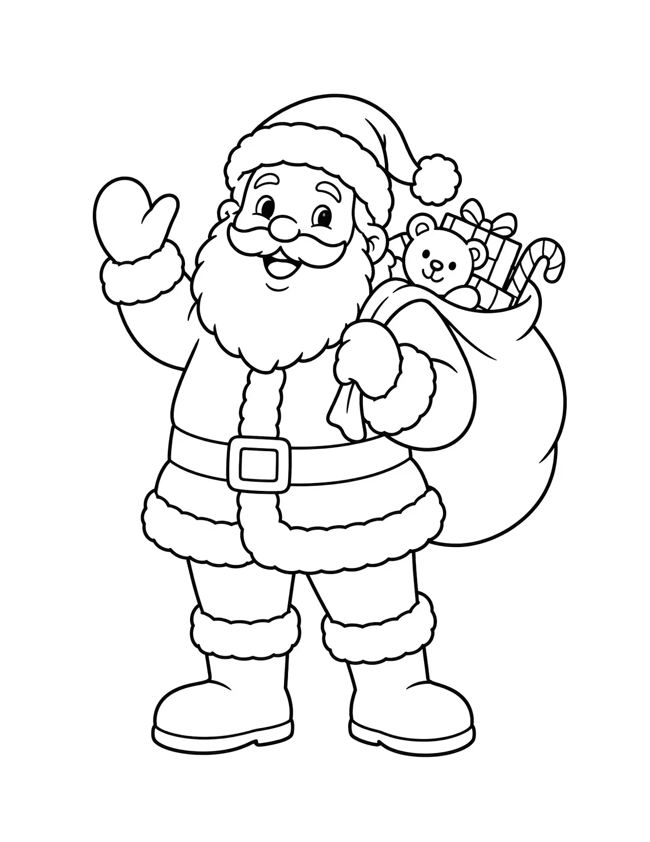 Christmas coloring page of Santa waving with a sack of toys