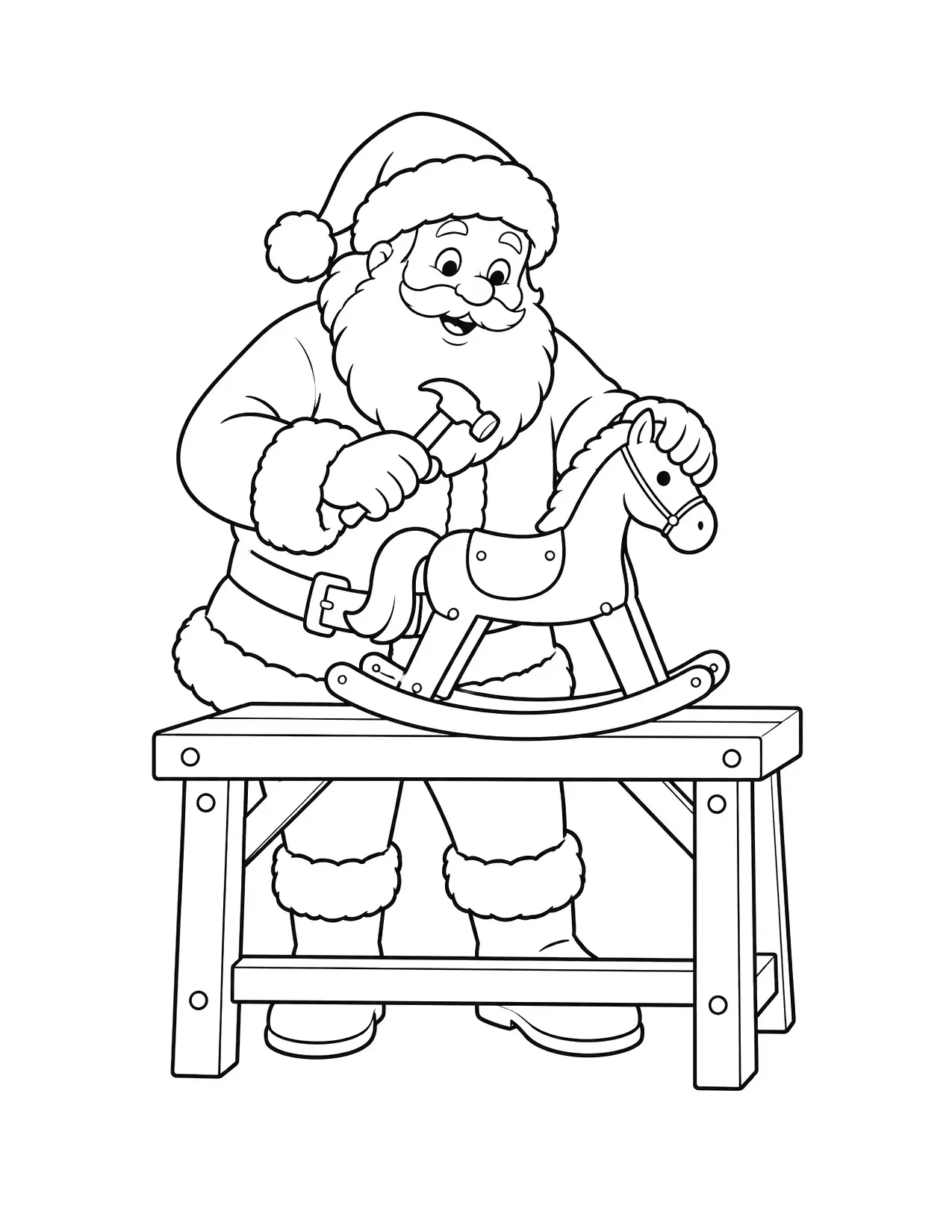 Santa coloring page with Santa building a wooden rocking horse at his workbench