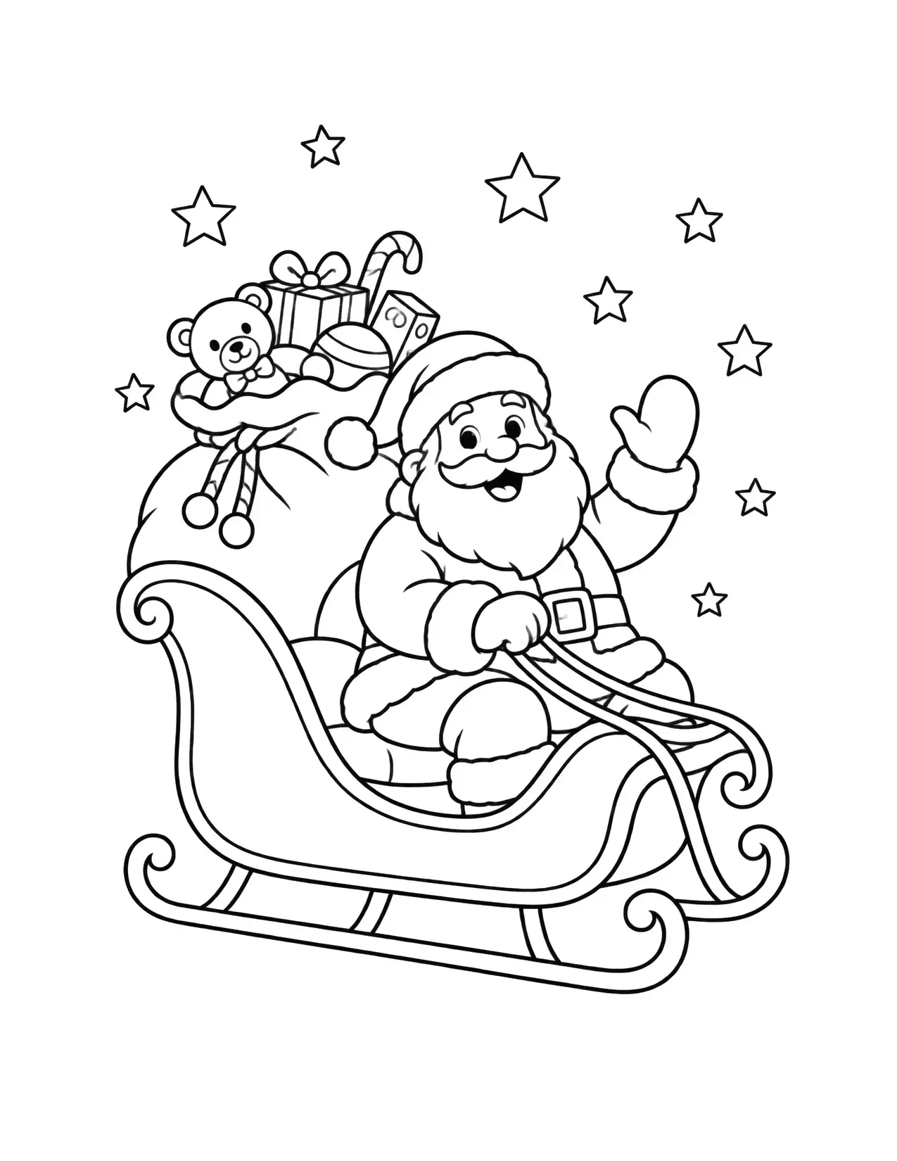 Santa coloring page with Santa Claus and his sack in a sleigh