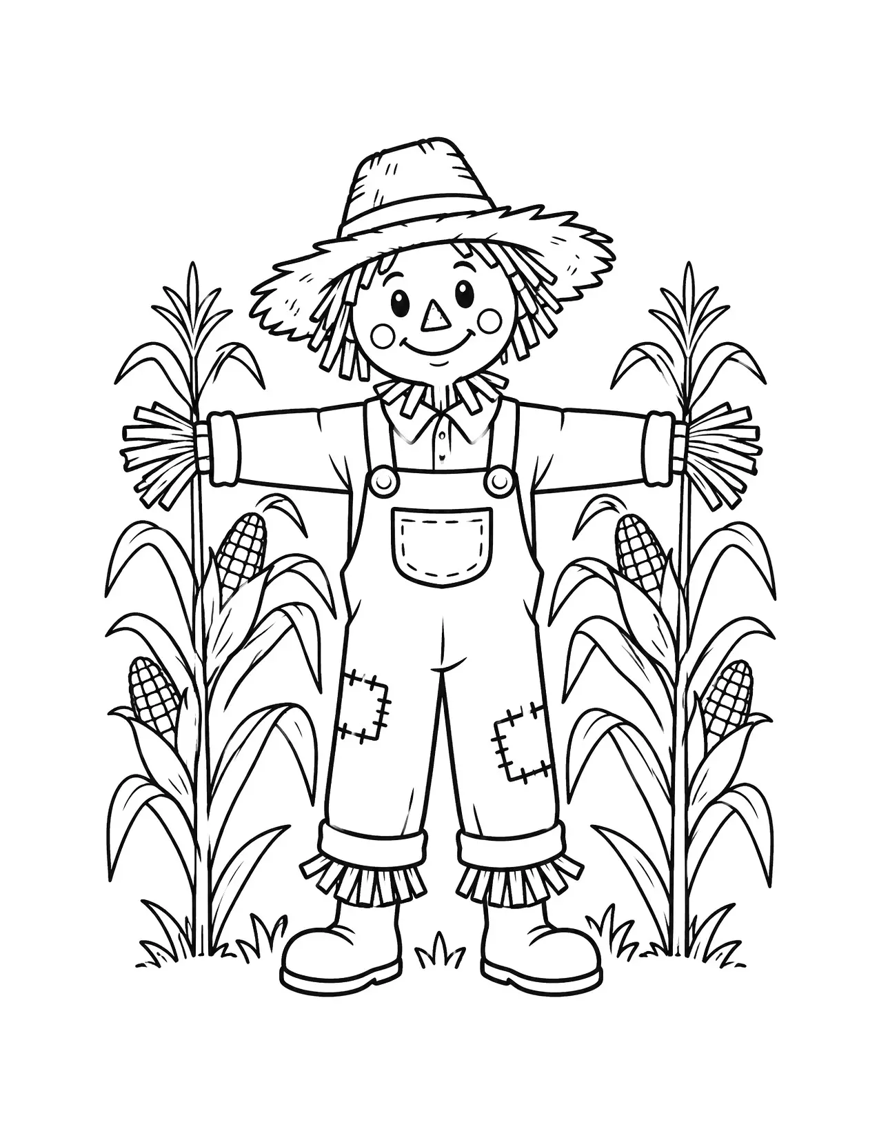 Fall coloring page of a friendly scarecrow in a corn field