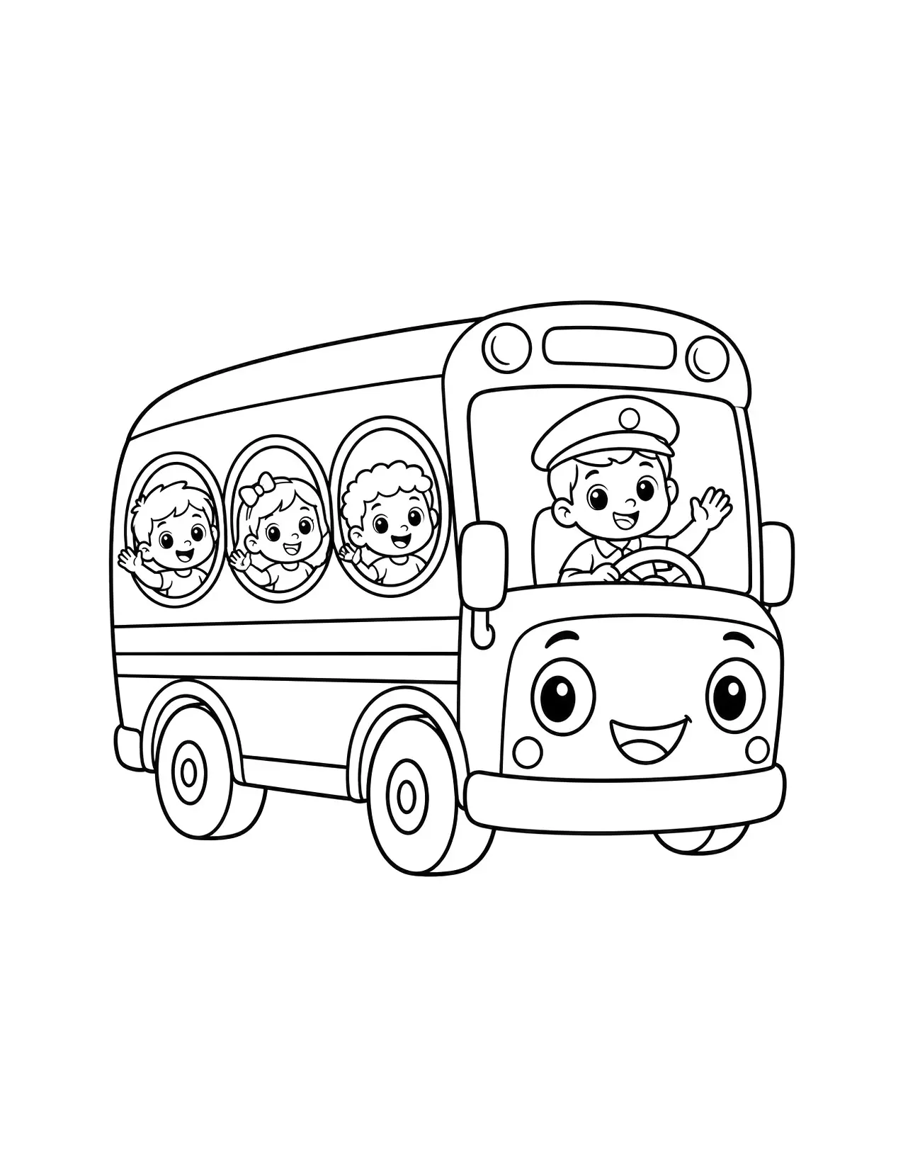 Back to school coloring page of a smiling school bus with kids waving from the windows