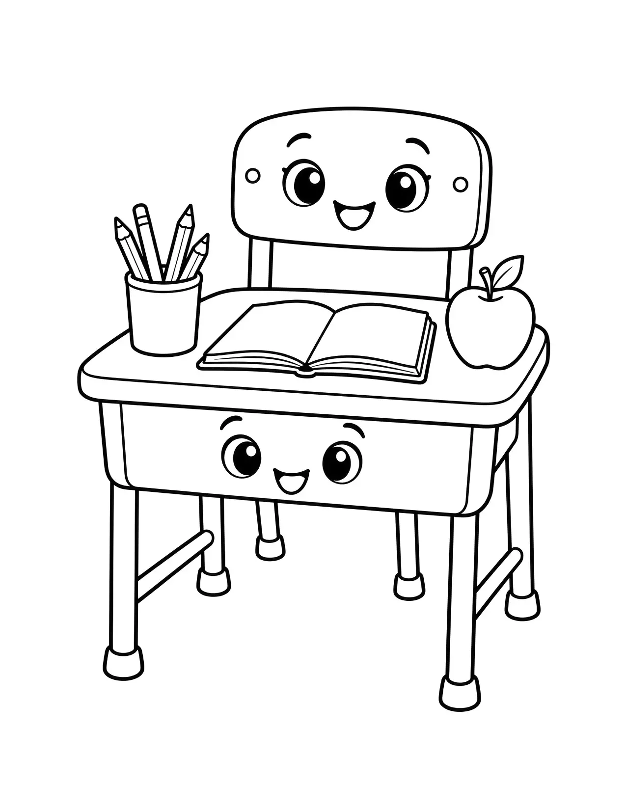 Back to school coloring page of a school desk with a pencil cup, a notebook and an apple